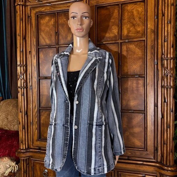 DG2 Multi Wash Stripe Stretch Cotton Blend Denim Blazer - Picture 2 of 12